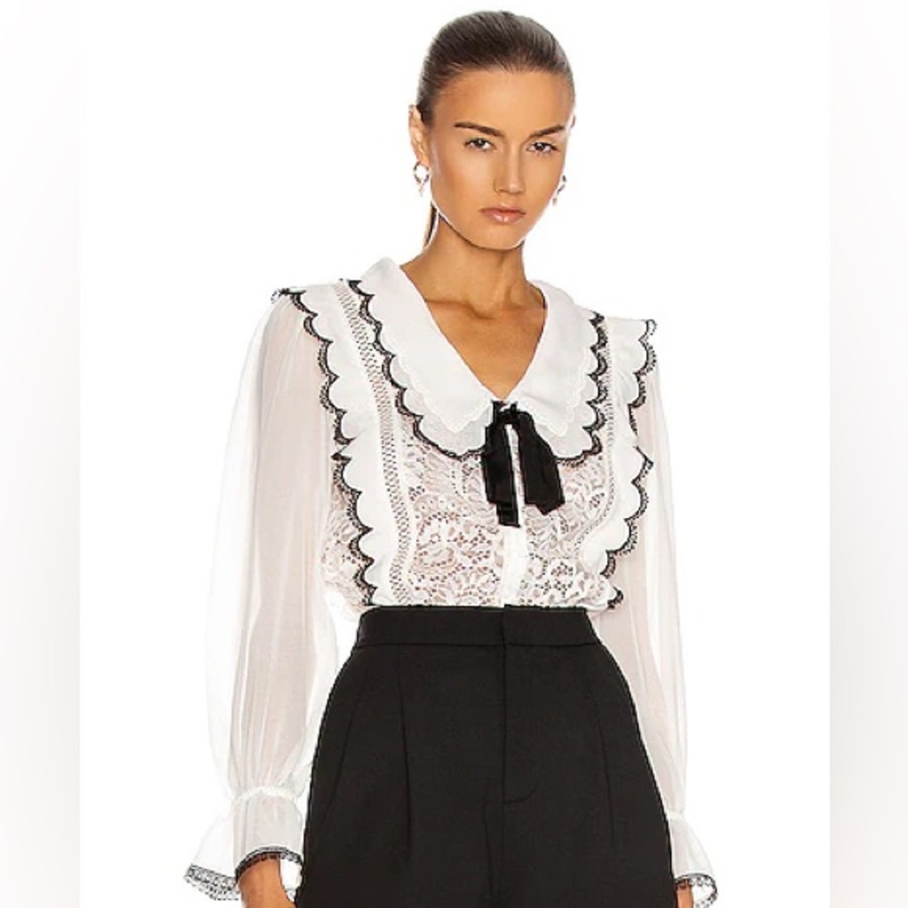 Self-Portrait White Lace Blouse with Black Trim and Bow